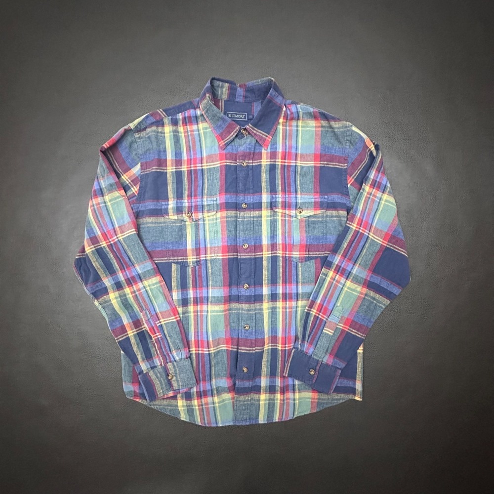 Biltmore Linen Blend Shirt Mens XL Blue Plaid Workwear Double Pocket Comfort